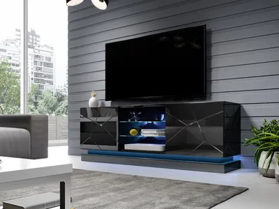 Image de Meuble TV avec éclairage LED bleu 160 cm LIMA – noir / noir brillant
