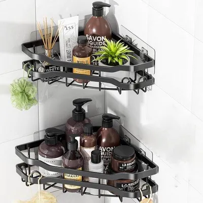 Produktbild von Unyqoos® Selbstklebende Eckduschablage aus Metall, Duschregal mit 4 Haken, ohne Bohren, 2er-Set, schwarz