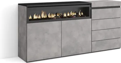 Produktbild von Sideboard, Kommode, 157x35x75 cm, Für Schlafzimmer, Zimmer, Elektrokamin., Kommode mit Schubladen, Zementgrau