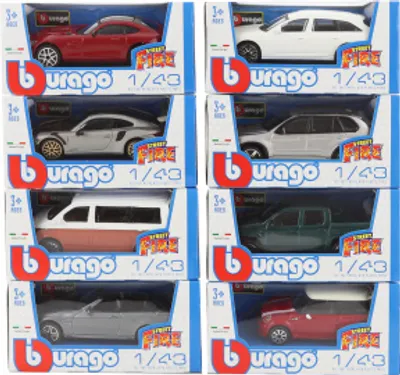 A grid of eight boxed toy cars, each with a clear plastic window showing the car inside. The boxes are branded with 'Bburago' and 'Street Fire 1/43'.
