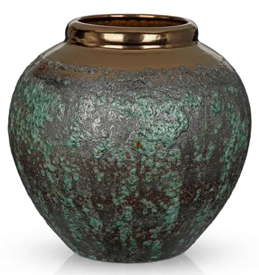 Keramikvase 21 cm, rustikales Design, bronzener Rand