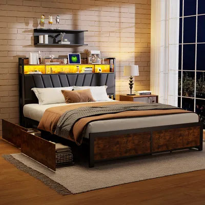 A bedroom scene with a bed, nightstand, and window.