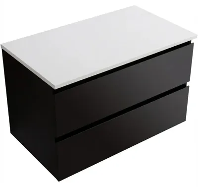 Productafbeelding van Badkamermeubel Carole - mat zwart + wastafelblad van composietsteen Elanys - 12 mm - mat wit - 100x49,2x46 cm
