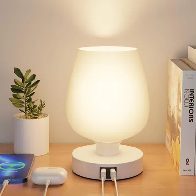 Produktbild von LED Nachttischlampe Mit Glas-Schirm,Dimmbar mit 3 Farbtemperaturen,2 USB Ladeanschlüsse