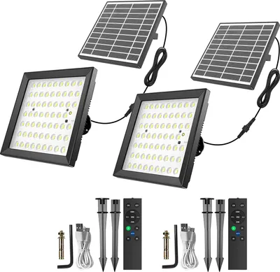 Zdjęcie produktu dla Neoglint Solar Powered Wall Lamp Lawn Lamp Indoor Outdoor Solar Wall Lights 124LEDs*2 with Remote Controller IP66 Waterproof for Shed Garage Barn Balcony Gazebo Porch Patio, 2 Pack