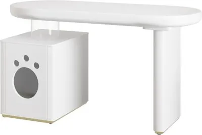 Produktbild von Schreibtisch mit Haustierbett 117x50x76cm komplett lackiert abgerundete Kurven 5cm dicke Beine stabil modern Weiss franzoesischer Stil Haustier M-XL