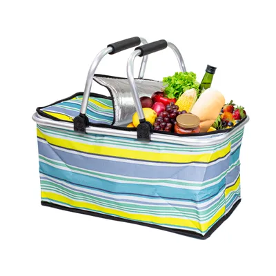Produktbild von Thermo Picknickkorb Faltbar – Großer Isolierkorb als Einkaufskorb & Kühltasche 30L blaue streifen