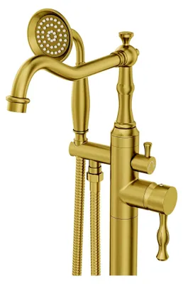 Produktbild von Freistehende Badewannenarmatur in gebürstetem Gold, Hochdruck-Einhand-Badewannenfüller, Bodenmontage, Messing, mit Handbrause