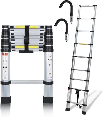Imagen del producto de Escalera telescópica de 3,2 metros, escalera multifuncional de aluminio antideslizante, escalera de pie con 2 ganchos desmontables, escalera extensible con capacidad de carga de 150 kg, escalera doméstica para trabajos en el hogar, color plateado