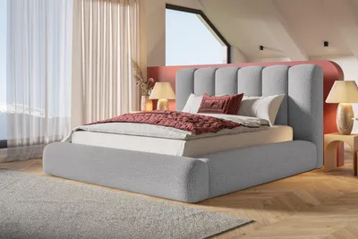 Produktbild von Bett 140x200, Bett mit Lattenrost, Polsterbett mit Bettkasten und Metallrahmen, Eleganter Catch Me-Stoff, Kollektion Alva Maxi, Hellgrau