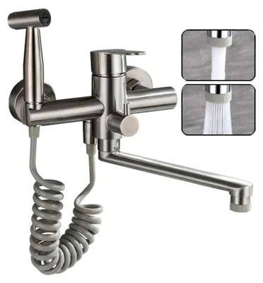 Produktbild von Wandarmatur für die Küche mit Spritzpistole und 2 Wasserstrahlarten, schwenkbarem 360°-Auslauf, einfache Montage (gebürstetes Nickel)