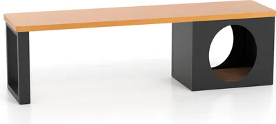 A product shot of a modern garden bench with a built-in cat house.