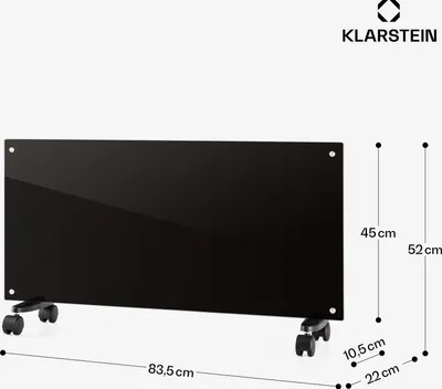 A black glass panel heater with wheels, shown with dimensions indicated by lines and measurements.