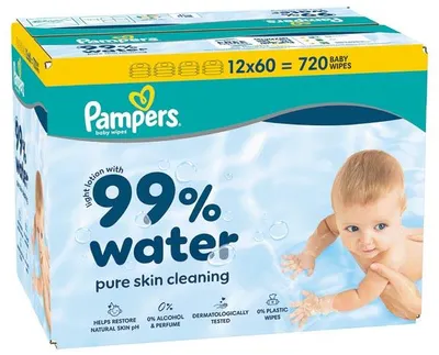Image de Lingettes PAMPERS 99 % d'eau, 12 paquets de 60 lingettes