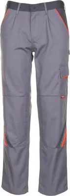 A pair of gray work pants with orange accents is shown against a white background.