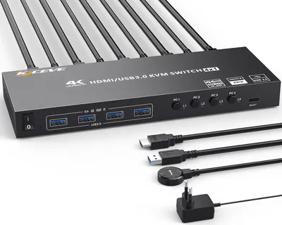 Zdjęcie produktu dla Przełącznik KVM USB 3.0 z wyjściem HDMI, obsługujący 4 komputery i 1 monitor, z rozdzielczością 4K@60Hz