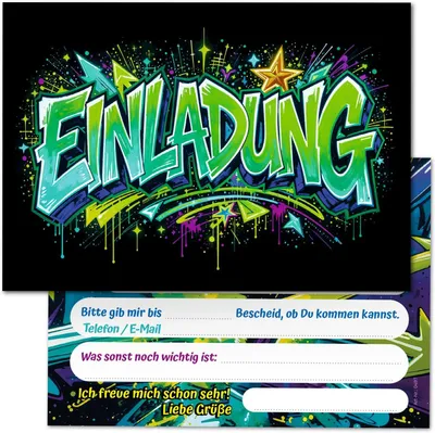 Produktbild von Einladungskarten für Kindergeburtstage – Set mit 12 Stück – Graffiti-Design – Für Kinder – Mädchen und Jungen – Geburtstag