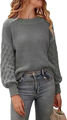 Produktbild von ASKSA Damen Pullover Laternenaermeln Strickpullover Rundhals Langarm Pulli Einfarbig Sweater Tops, Grau, S
