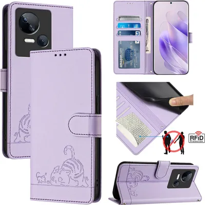Produktbild von Leder Hülle für Tecno Spark 10 5G Süße Katze Flip Case Brieftasche Schutzhülle mit Standfunktion Lila