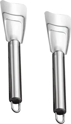 Two stainless steel ice scrapers are shown against a white background.