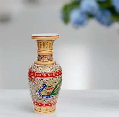 Marmorvase mit Blumenmuster, handbemalt, 24x10x10 cm