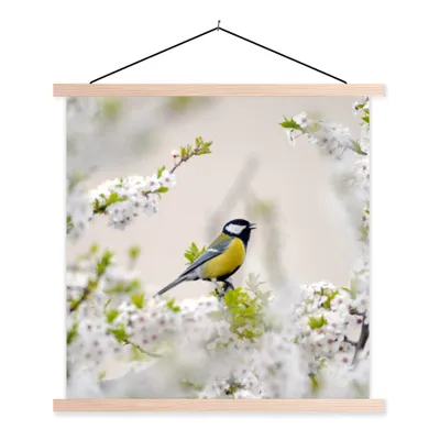 Produktbild von MuchoWow® Textilposter Vogel - Kohlmeise - Blumen - Blütenbaum 40x40 cm mit holzfarbenen Rahmen - Posterleiste