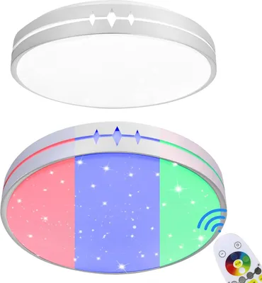 Two ceiling lights are shown, one above the other, against a white background. The top light is a simple white circular fixture. The bottom light is also circular but displays a colorful, starry sky effect with sections of red, blue, and green light. A rem
