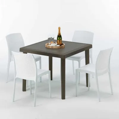 Produktbild von Poly Rattan Tisch Quadratisch mit 4 Bunten Stühlen 90x90 Braun Brown Passion