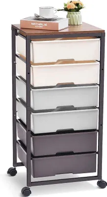 Immagine prodotto di Carrello multiuso per bagno e cucina Unyqoos®, 6 ripiani, piano in legno MDF con cassetto, 4 ruote girevoli a 360° con freno, struttura in acciaio cromato, colore marrone