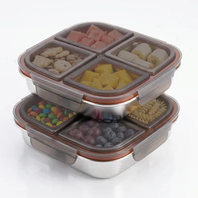 Snackbox mit 4 Fächern, Edelstahl, 600 ml, 2er Set
