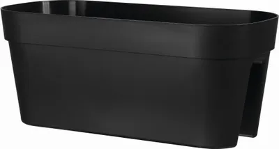 A black plastic railing planter.
