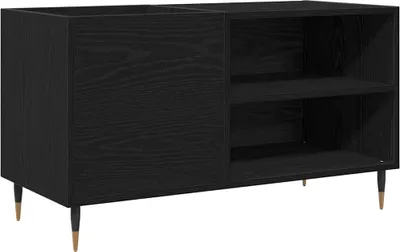 A black cabinet with open shelves and gold-tipped legs, presented against a white background.