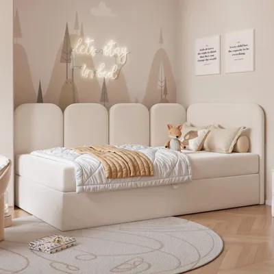 Produktbild von Jugendbett FINO 120x200 Rechts Bettkasten Bonellmatratze Hellbeige Velours