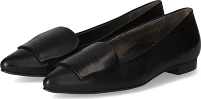 A pair of black leather ballerina shoes on a white background.