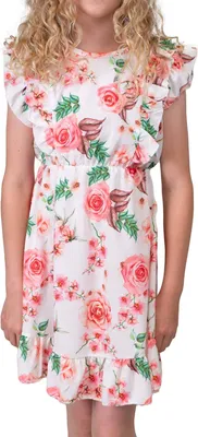 Produktbild von KMISSO Mädchen Volant Kleid schwingender Rock Rosenmotiv Weiß 104
