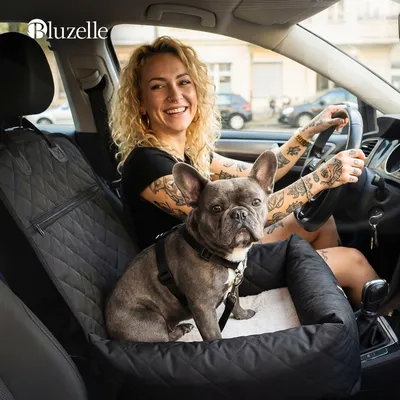 Produktbild von BLUZELLE Hunde Autositz & Hundebett 2-in-1 für Auto Rückbank & Vordersitz - TRAVELBUDDY Wasserfest, Rutschfest & Waschbar - Inkl. Sicherheitsgurt & Oxford-Stoff - Marke aus Berlin, Farbe:Schwarz