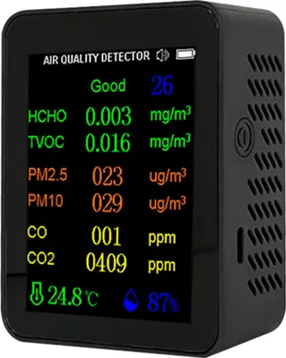 Zdjęcie produktu dla Przenośny miernik jakości powietrza 9w1 PM2.5 PM10 CO CO2 TVOC HCHO AQI Tester temperatury i wilgotności Kolorowy ekran Detektor dwutlenku węgla z funkcją wyświetlania czasu i daty
