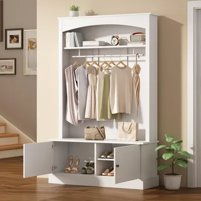 Produktbild von MODFU Flurgarderobe freistehende Garderobenschrank mit Kleiderhaken,mit Kleiderschrank und Schuhschrank,mit verstellbaren Einlegeböden,Weiß