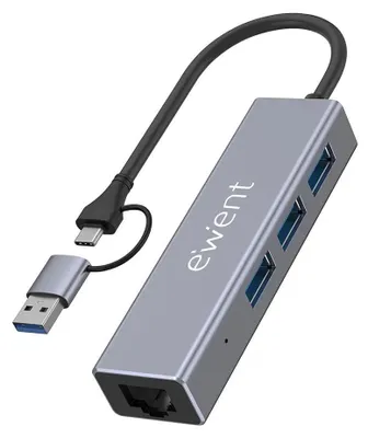 Zdjęcie produktu dla Ewent EW1159, USB 3.2 Gen 1 (3.1 Gen 1) Type-A + Type-C, RJ-45, USB 3.2 Gen 1 (3.1 Gen 1) Type-A, 5000 Mbit/s, Szary, Aluminium, Plastik, 0,15 m