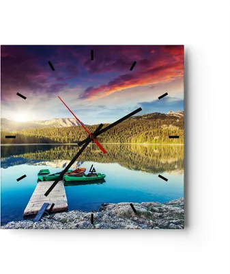Produktbild von Wanduhr - Quadrat - Glasuhr - See Berge Wasser - 40x40cm - Schleichendes Uhrwerk - Lautlos - zum Aufhängen bereit - Dekoration Modern - Wanddekoration aus Glas - C3AC40x40-3595