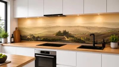 Zdjęcie produktu dla Panel ścienny kuchenny Raumwand Toskana, płyta kompozytowa z aluminium o grubości 3 mm, jako ochrona przed rozpryskami, wodoodporny, z matowym lakierem UV i efektem lotosu, wymiary: 220 x 60 cm