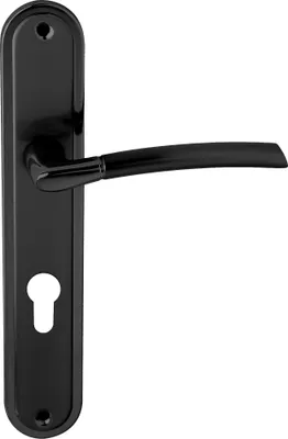 A black door handle set with a keyhole plate, shown against a white background.