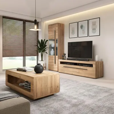 Produktbild von Wohnzimmer Set in Eiche mit Couchtisch, Lowboard & Vitrine inkl. Beleuchtung, 3-teilig - TURDA-83