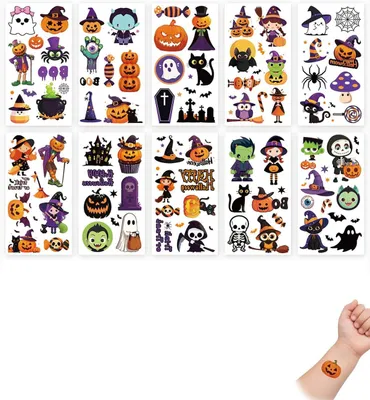Obrázok produktu pre Halloweenové tetovanie pre deti, 10 listov, vodeodolné, šetrné k pokožke, vhodné pre deti