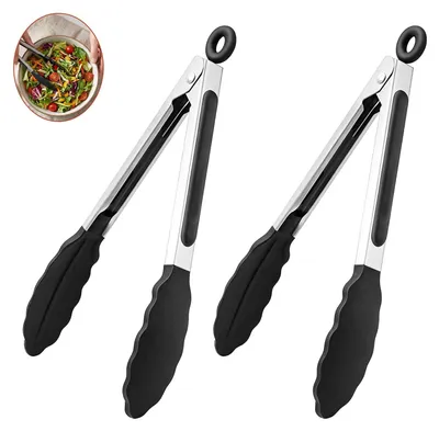 Küchenzange 23 cm, 2 Stück, Edelstahl mit Silikonspitzen, hitzebeständig