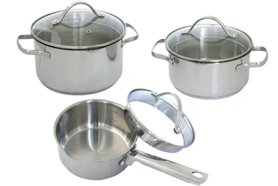 Produktbild von Edelstahl Kochtopf Set 6 tlg. mit Ausgießtülle und Glasdeckel Töpfe