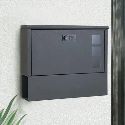 Produktbild von Famanu Briefkasten mit Zahlenschloss – Schwarzer Wandbriefkasten mit Edelstahl Zeitungsfach, Modernes Design mit Sichtfenster