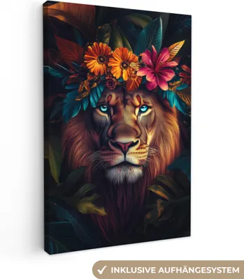 Produktbild von Leinwandbilder 80x120 cm - Tiere, Blumen - Löwe - Blätter, Bilder Wohnzimmer Modern, Wanddeko