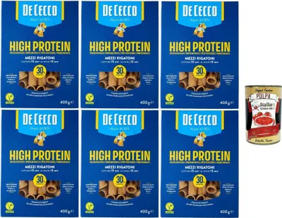 Produktbild von De Cecco Mezzi rigatoni Nr. 26, High protein, Italienische Hartweizennudeln, 6 Packungen à 400g, Pasta aus 100% italienischem Hartweizen, + Italian Gourmet polpa 400g
