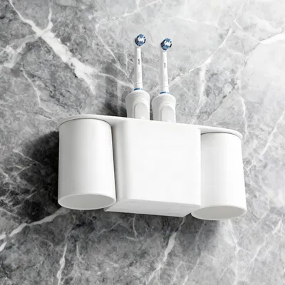 Image de Porte-brosses à dents avec gobelet magnétique, fixation murale sans perçage, blanc, 25,6 x 10,5 cm